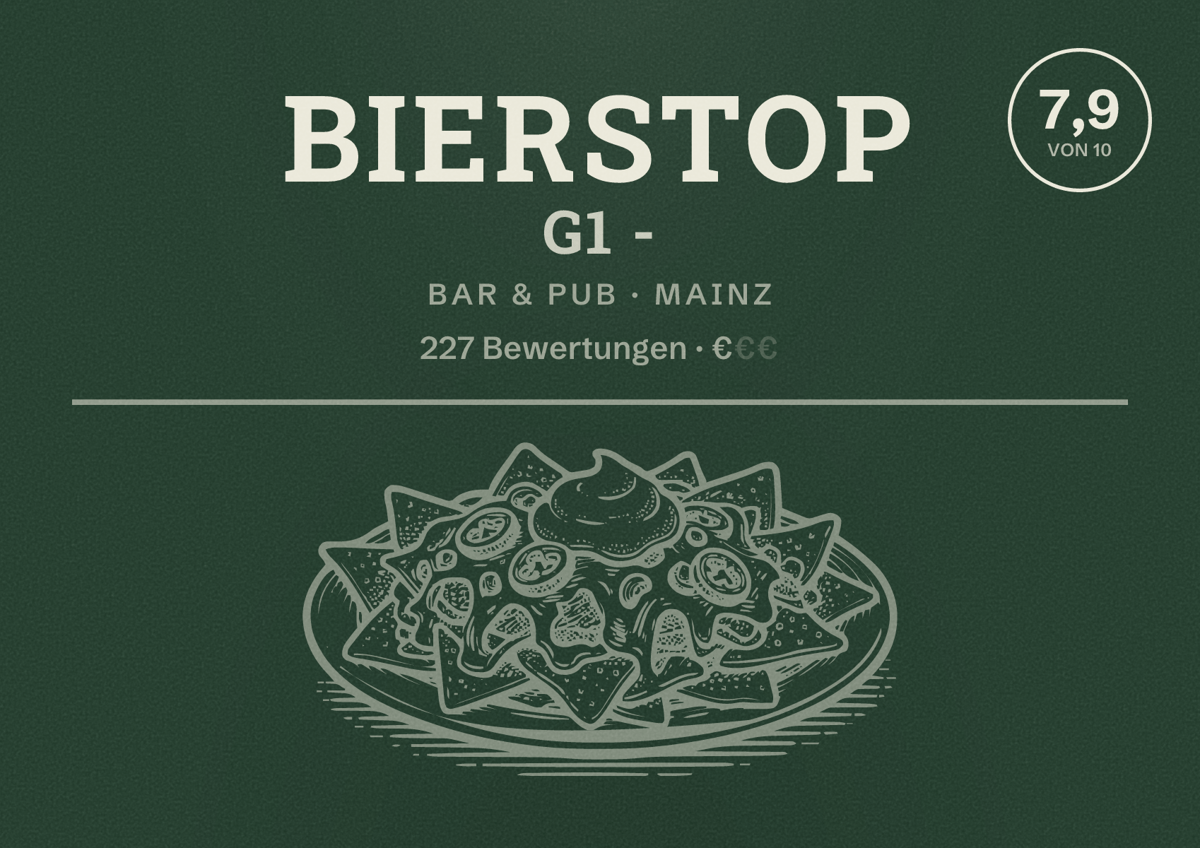 Illustriertes Poster von Bierstop G1 -, Bar & Pub in Mainz: Bewertung 7,9 von 10 aus 227 Bewertungen, Preisniveau €