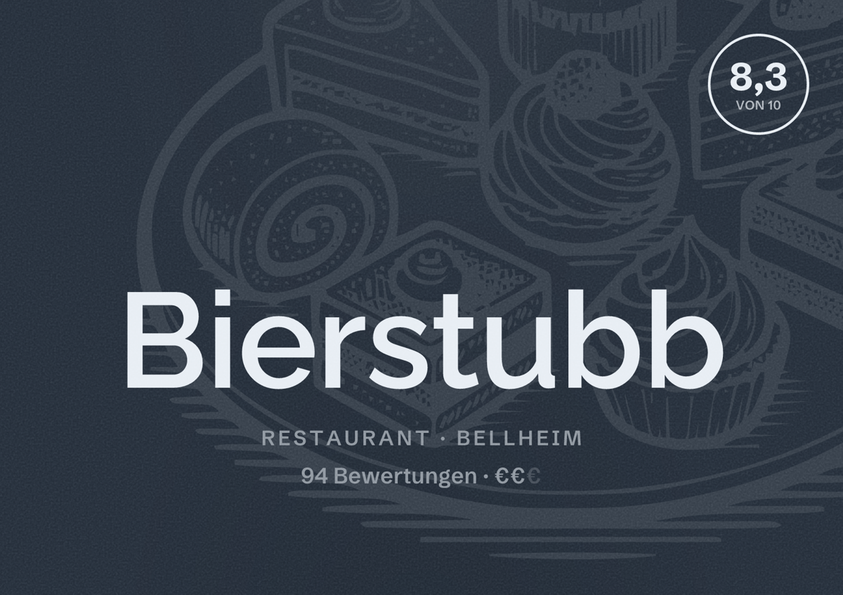 Illustriertes Poster von Bierstubb, Restaurant in Bellheim: Bewertung 8,3 von 10 aus 94 Bewertungen, Preisniveau €€