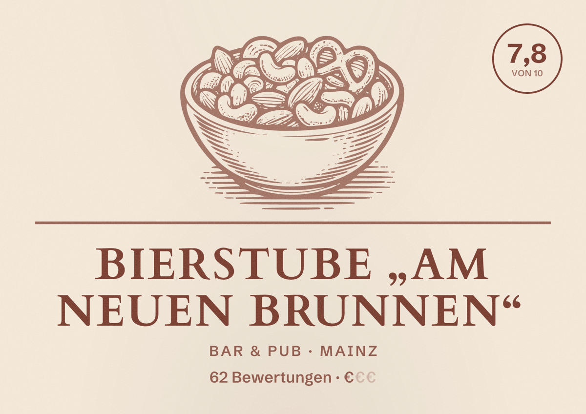 Illustriertes Poster von Bierstube „Am Neuen Brunnen“, Bar & Pub in Mainz: Bewertung 7,8 von 10 aus 62 Bewertungen, Preisniveau €