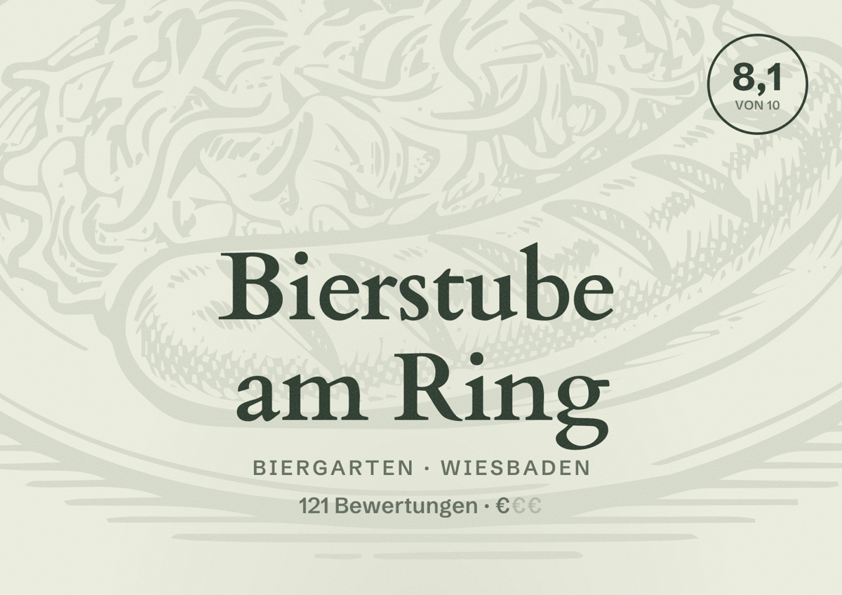 Illustriertes Poster von Bierstube am Ring, Biergarten in Wiesbaden: Bewertung 8,1 von 10 aus 121 Bewertungen, Preisniveau €