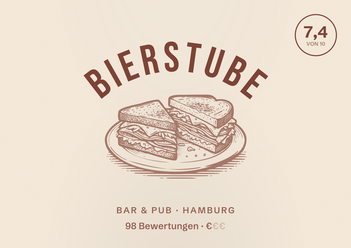 Illustriertes Poster von Bierstube, Bar & Pub in Hamburg: Bewertung 7,4 von 10 aus 98 Bewertungen, Preisniveau €