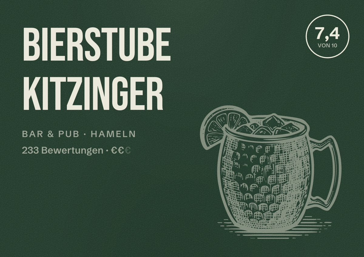 Illustriertes Poster von Bierstube Kitzinger, Bar & Pub in Hameln: Bewertung 7,4 von 10 aus 233 Bewertungen, Preisniveau €€