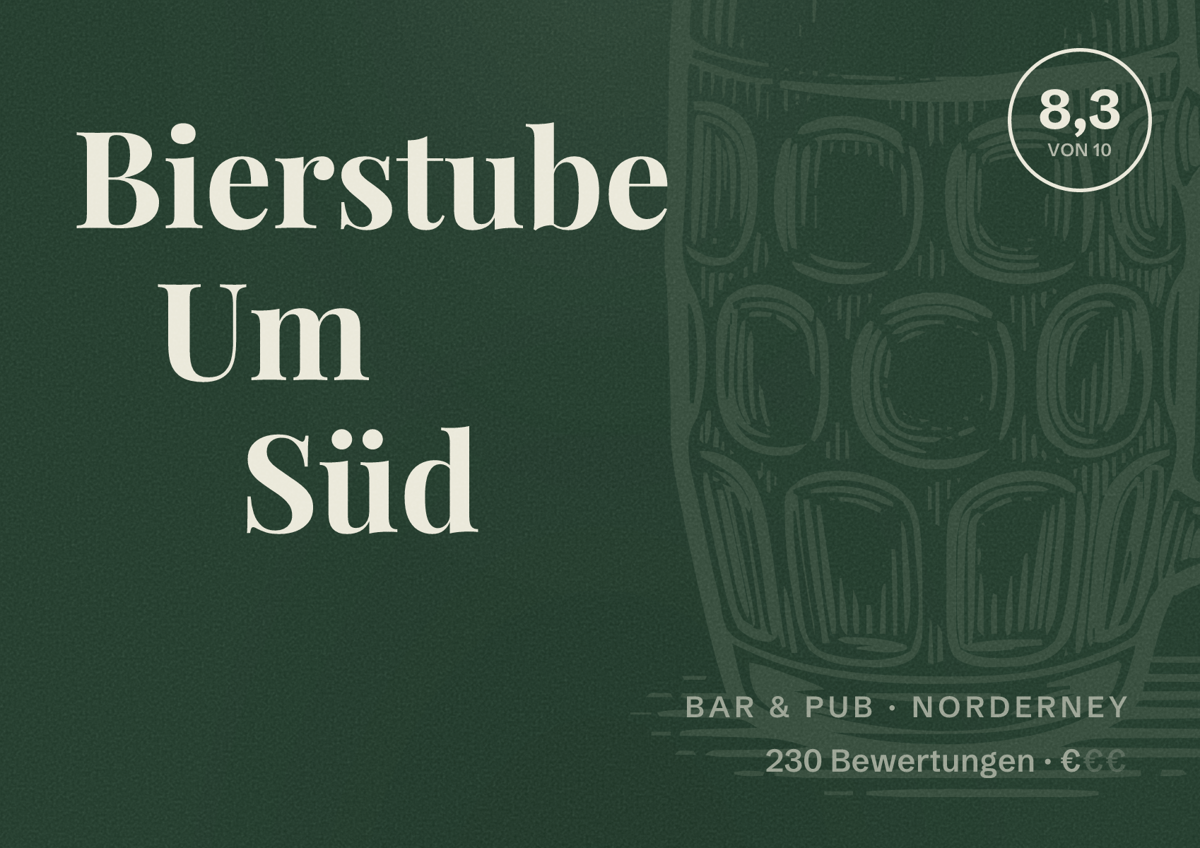 Illustriertes Poster von Bierstube Um Süd, Bar & Pub in Norderney: Bewertung 8,3 von 10 aus 230 Bewertungen, Preisniveau €
