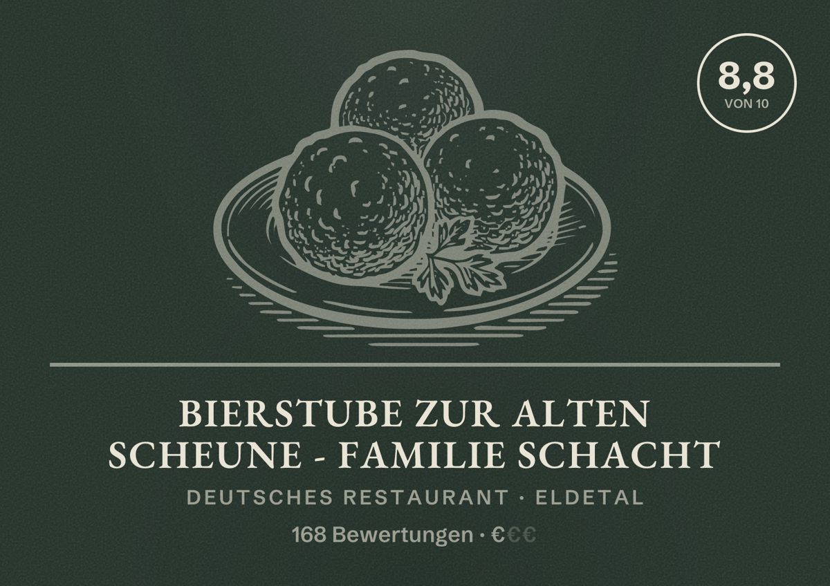 Illustriertes Poster von Bierstube Zur Alten Scheune - Familie Schacht, Deutsches Restaurant in Eldetal: Bewertung 8,8 von 10 aus 168 Bewertungen, Preisniveau €