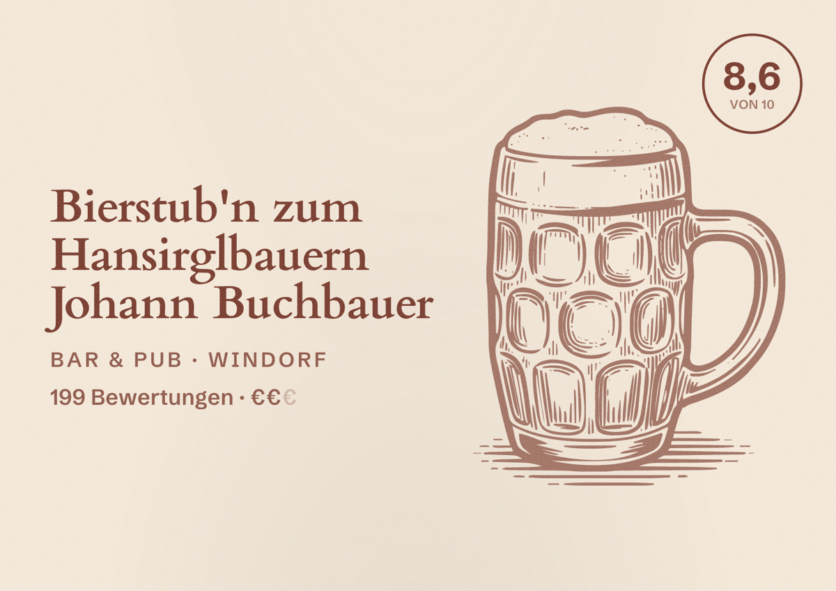 Illustriertes Poster von Bierstub'n zum Hansirglbauern Johann Buchbauer, Bar & Pub in Windorf: Bewertung 8,6 von 10 aus 199 Bewertungen, Preisniveau €€