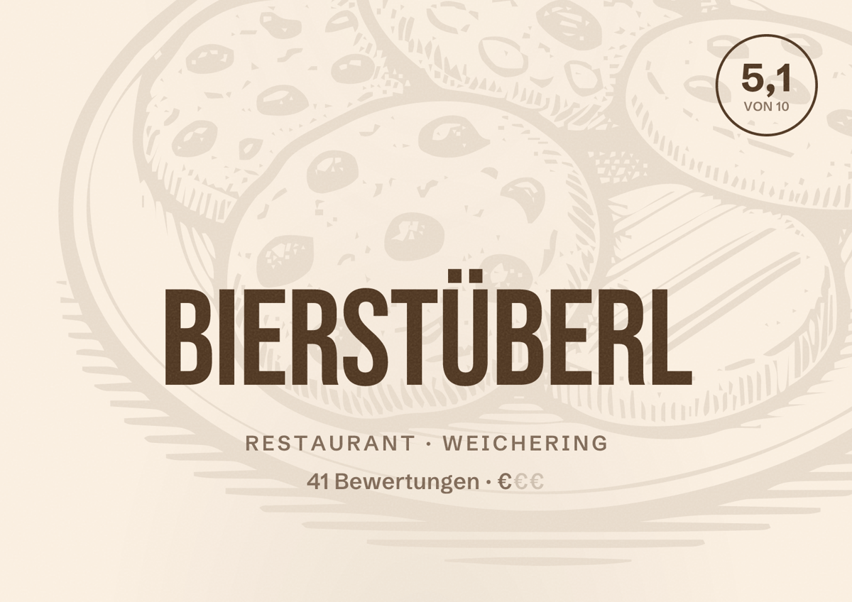 Illustriertes Poster von Bierstüberl, Restaurant in Weichering: Bewertung 5,1 von 10 aus 41 Bewertungen, Preisniveau €