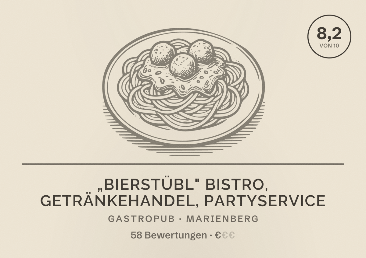 Illustriertes Poster von „Bierstübl" Bistro, Getränkehandel, Partyservice, Gastropub in Marienberg: Bewertung 8,2 von 10 aus 58 Bewertungen, Preisniveau €