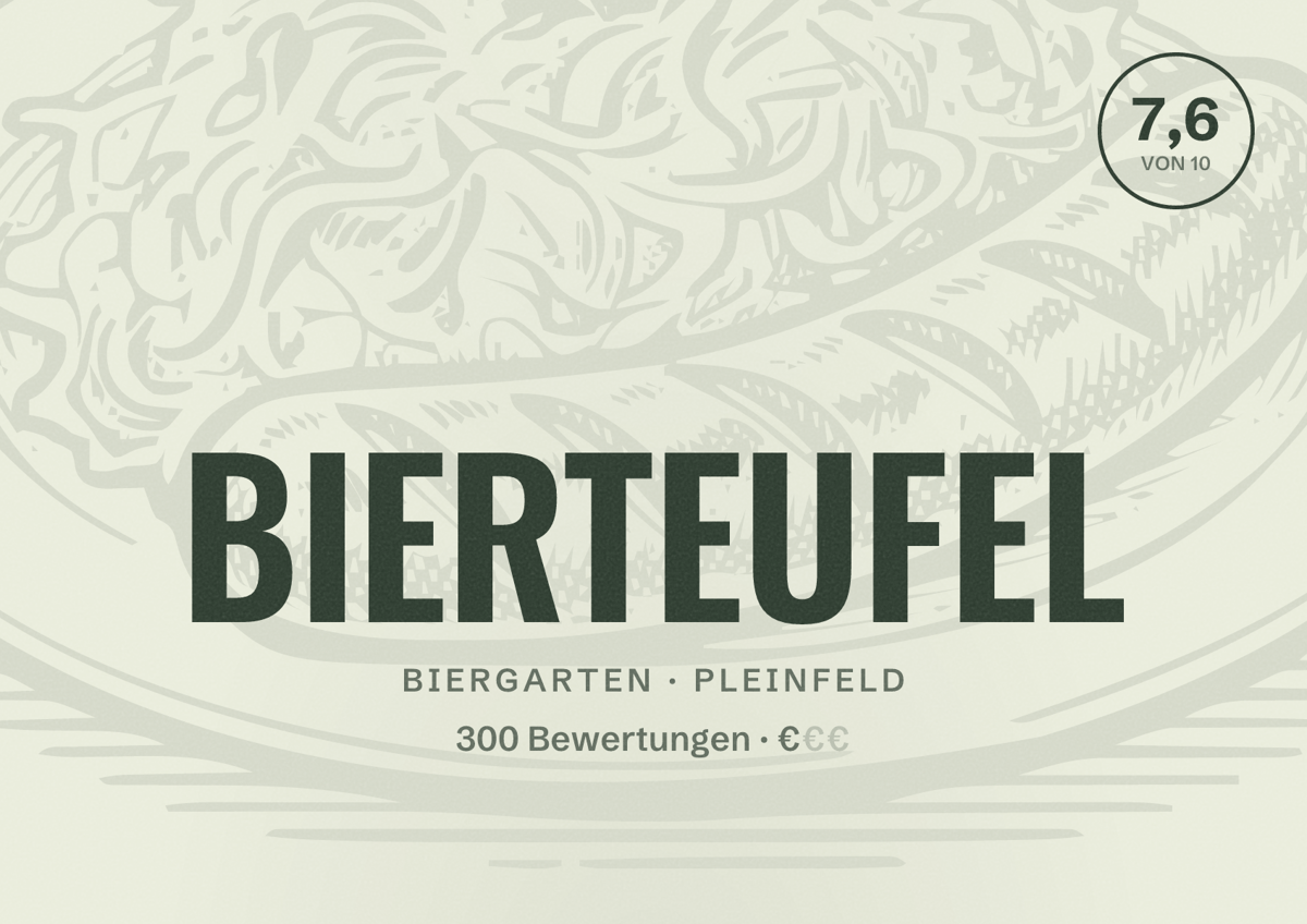 Illustriertes Poster von BIERTEUFEL, Biergarten in Pleinfeld: Bewertung 7,6 von 10 aus 300 Bewertungen, Preisniveau €