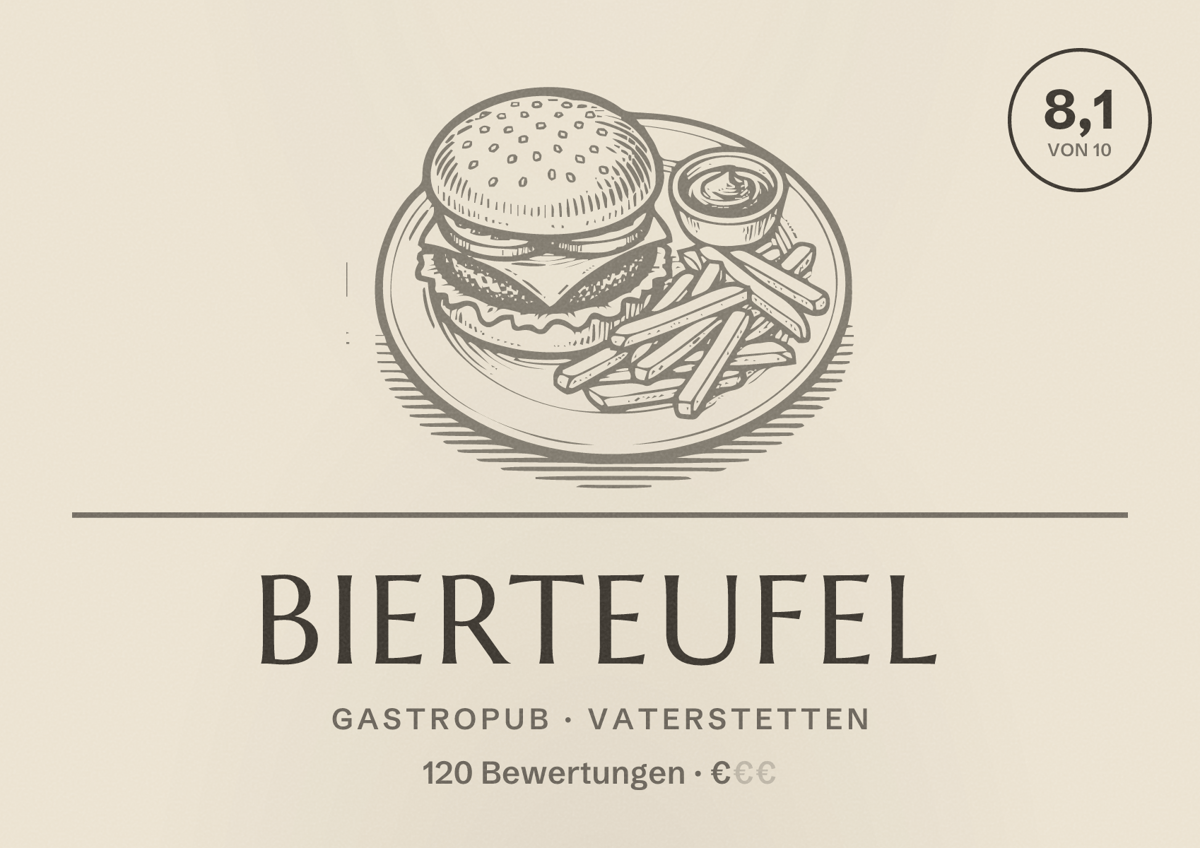 Illustriertes Poster von Bierteufel, Gastropub in Vaterstetten: Bewertung 8,1 von 10 aus 120 Bewertungen, Preisniveau €