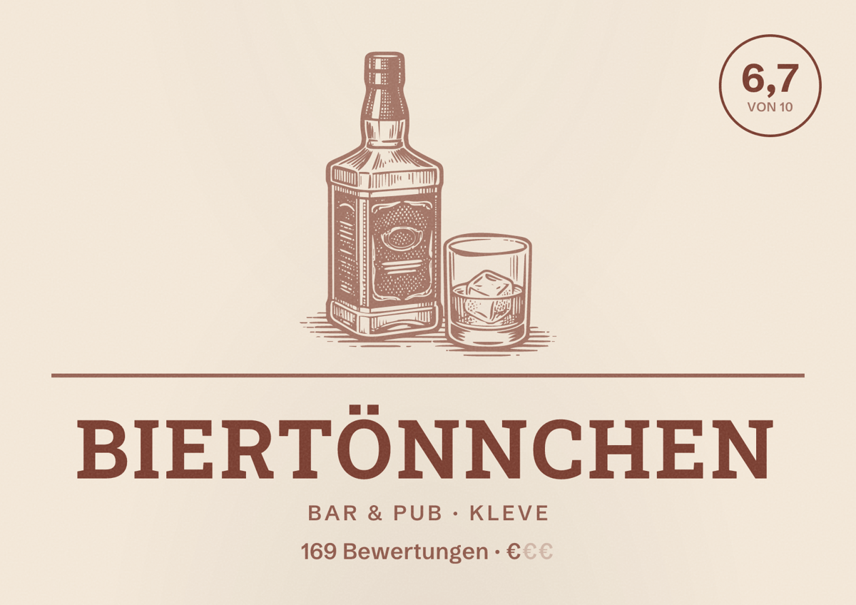 Illustriertes Poster von Biertönnchen, Bar & Pub in Kleve: Bewertung 6,7 von 10 aus 169 Bewertungen, Preisniveau €