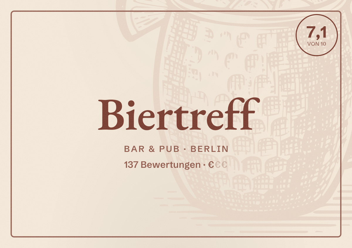 Illustriertes Poster von Biertreff, Bar & Pub in Berlin: Bewertung 7,1 von 10 aus 137 Bewertungen, Preisniveau €