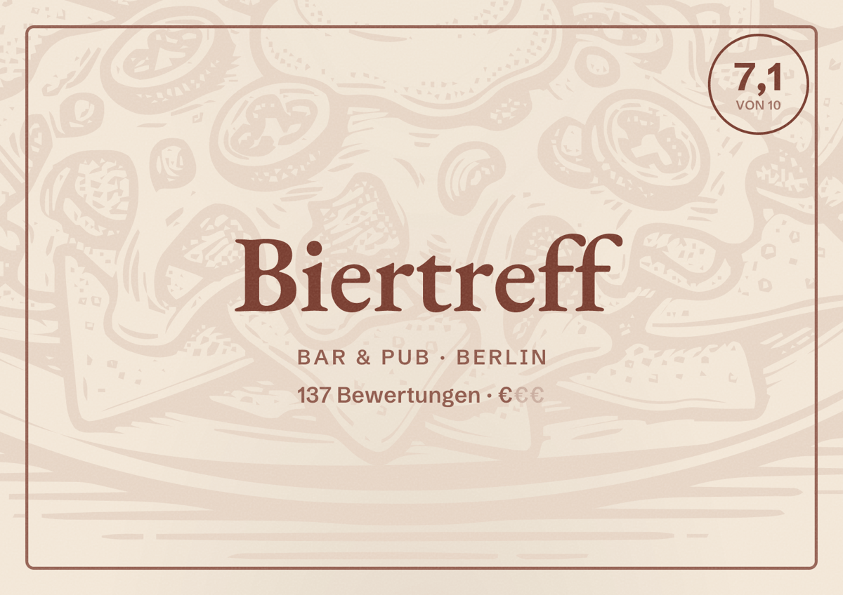 Illustriertes Poster von Biertreff, Bar & Pub in Berlin: Bewertung 7,1 von 10 aus 137 Bewertungen, Preisniveau €