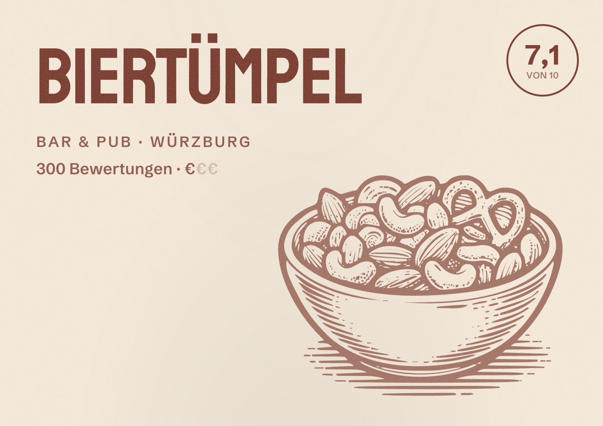 Illustriertes Poster von Biertümpel, Bar & Pub in Würzburg: Bewertung 7,1 von 10 aus 300 Bewertungen, Preisniveau €