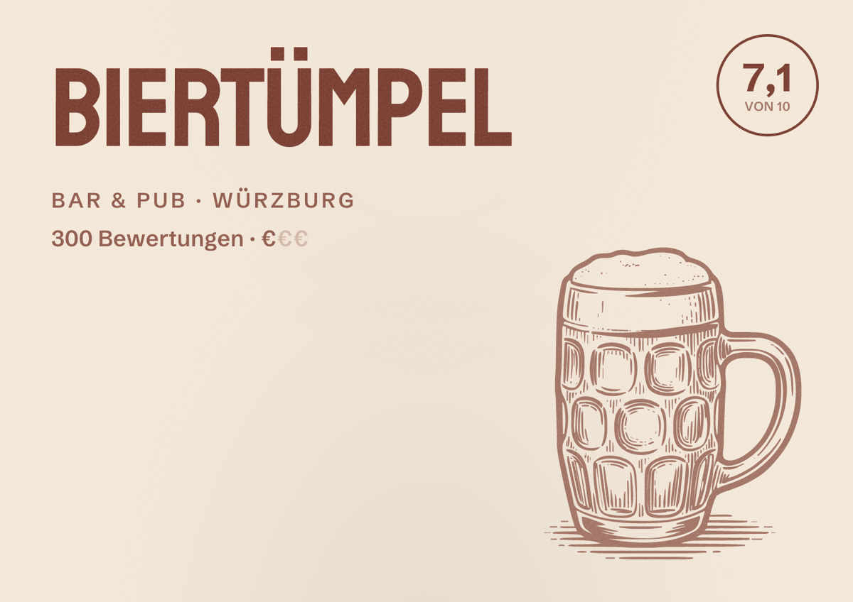 Illustriertes Poster von Biertümpel, Bar & Pub in Würzburg: Bewertung 7,1 von 10 aus 300 Bewertungen, Preisniveau €