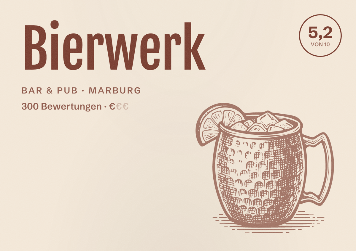 Illustriertes Poster von Bierwerk, Bar & Pub in Marburg: Bewertung 5,2 von 10 aus 300 Bewertungen, Preisniveau €
