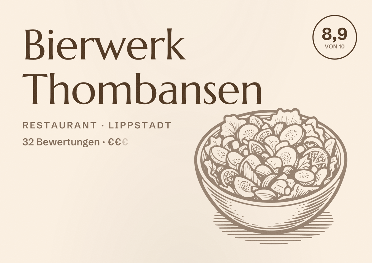 Illustriertes Poster von Bierwerk Thombansen, Restaurant in Lippstadt: Bewertung 8,9 von 10 aus 32 Bewertungen, Preisniveau €€