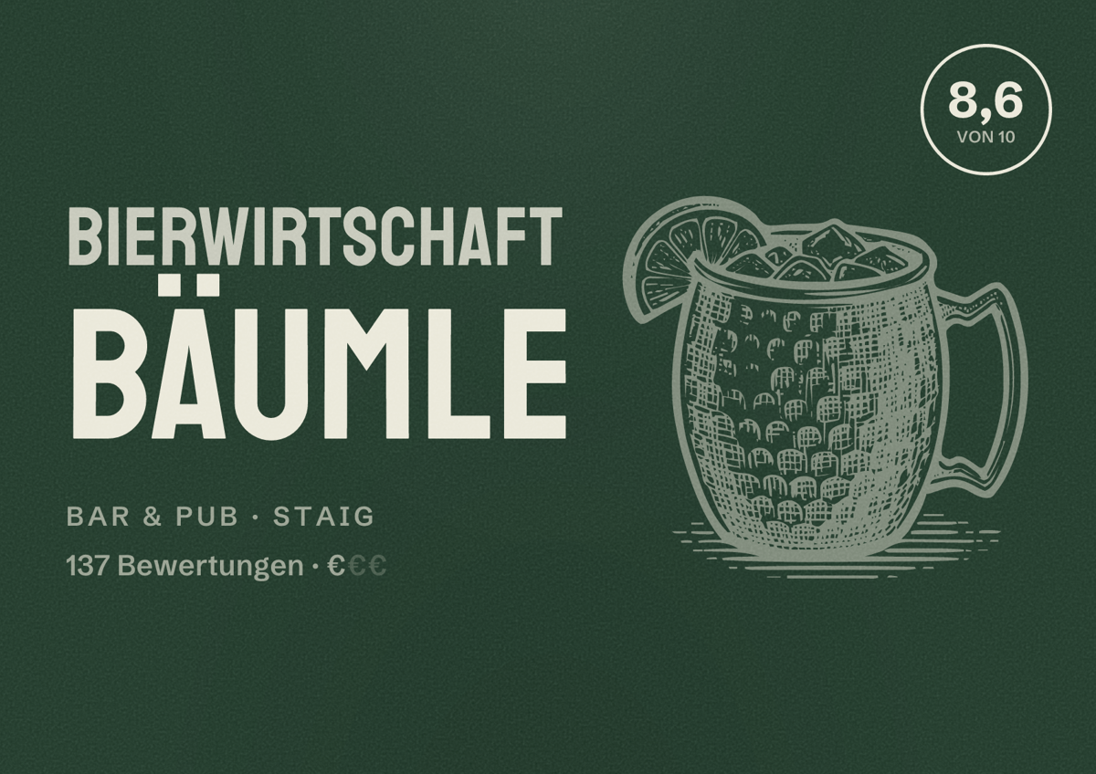 Illustriertes Poster von Bierwirtschaft Bäumle, Bar & Pub in Staig: Bewertung 8,6 von 10 aus 137 Bewertungen, Preisniveau €