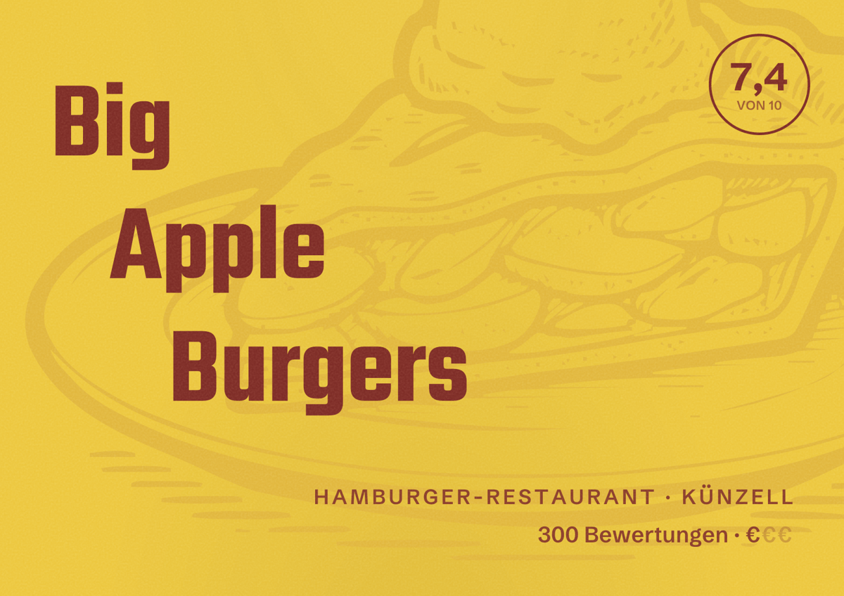 Illustriertes Poster von Big Apple Burgers, Hamburger-Restaurant in Künzell: Bewertung 7,4 von 10 aus 300 Bewertungen, Preisniveau €