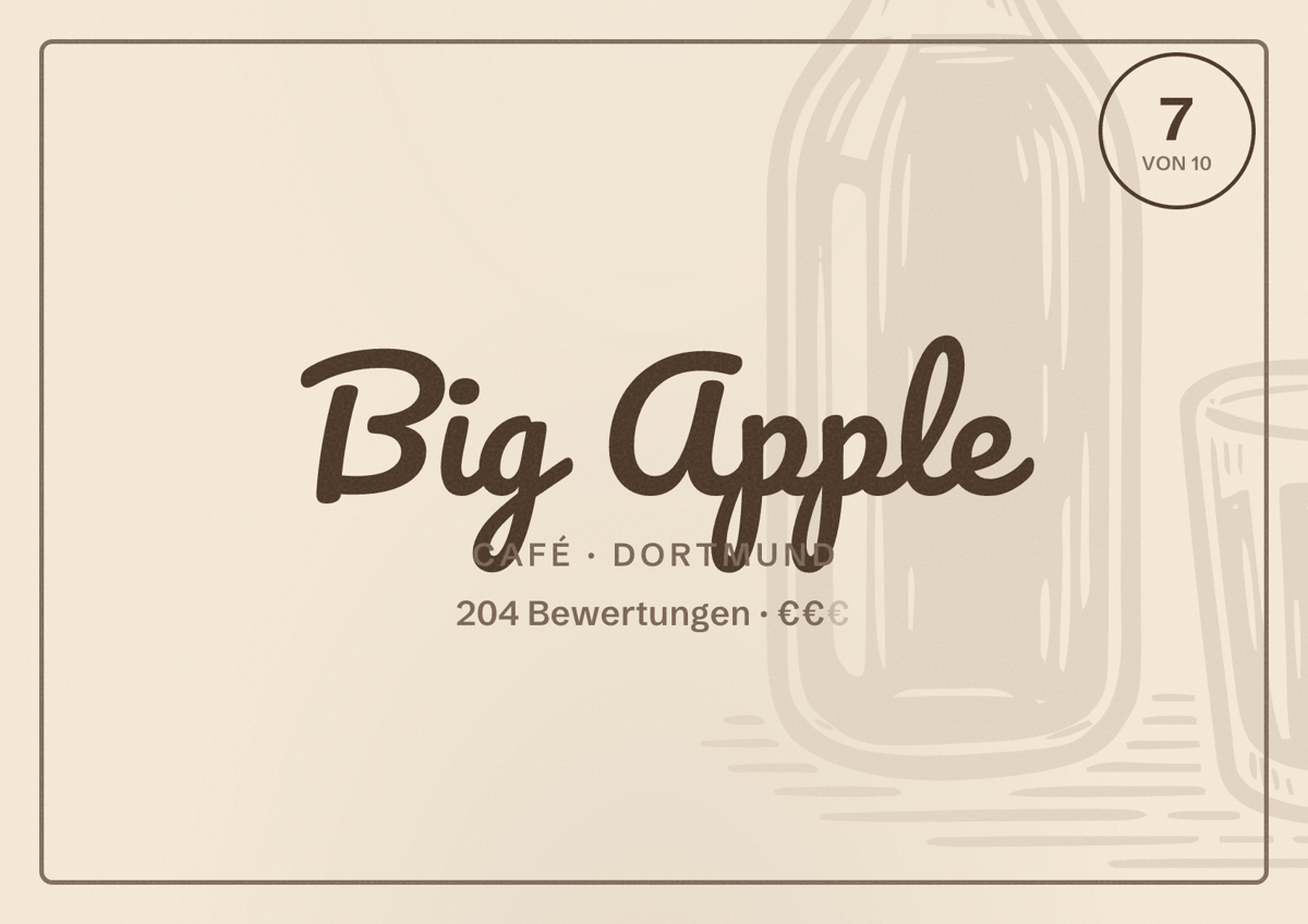Illustriertes Poster von Big Apple, Café in Dortmund: Gästebewertung 7 von 10 aus 204 Bewertungen