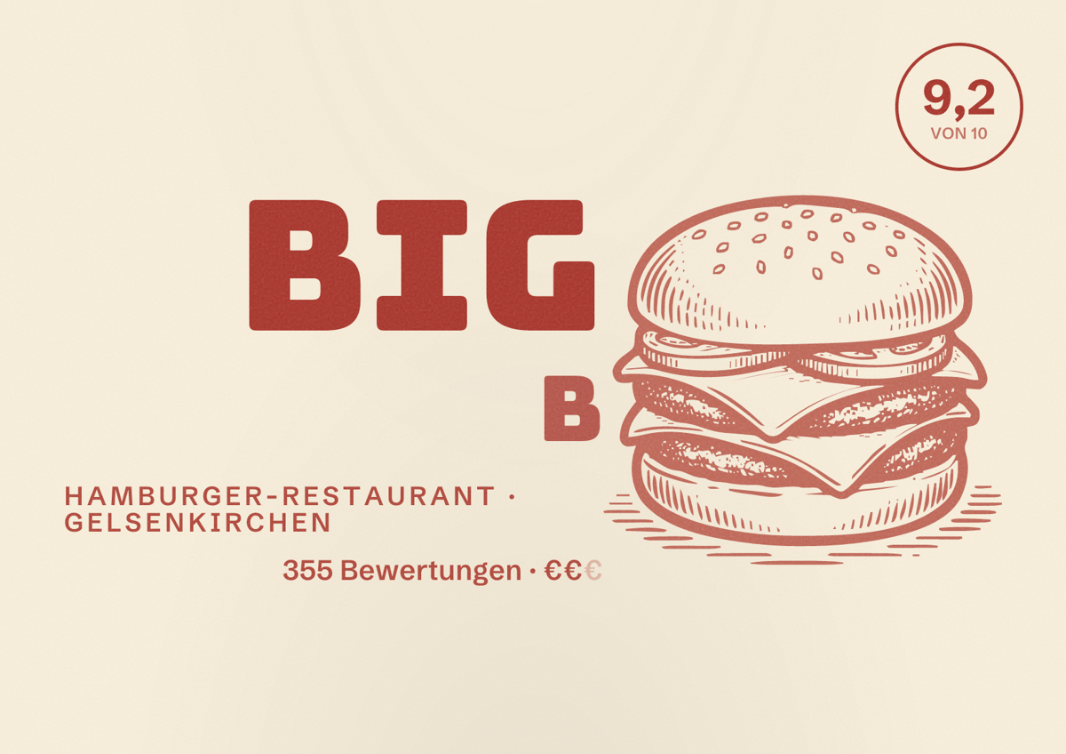 Illustriertes Poster von Big B, Hamburger-Restaurant in Gelsenkirchen: Bewertung 9,2 von 10 aus 355 Bewertungen, Preisniveau €€