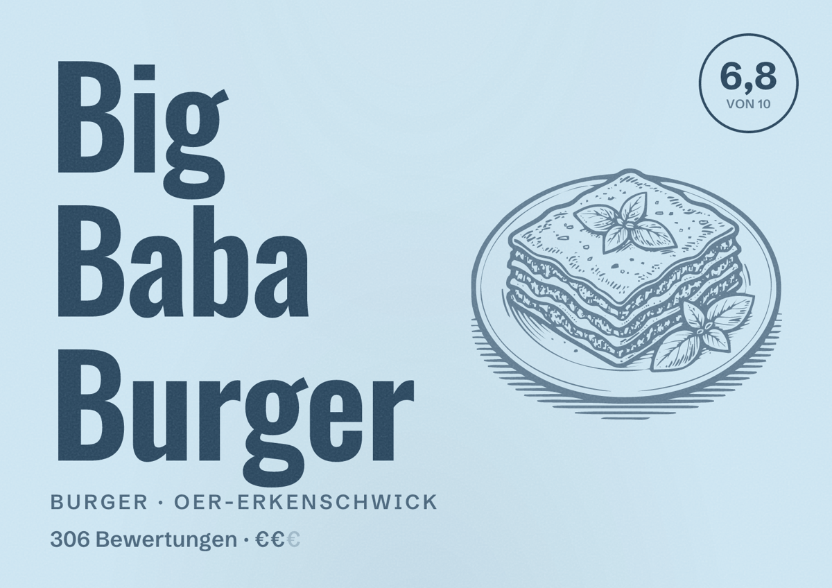 Illustriertes Poster von Big Baba Burger, Burger in Oer-Erkenschwick: Bewertung 6,8 von 10 aus 306 Bewertungen, Preisniveau €€