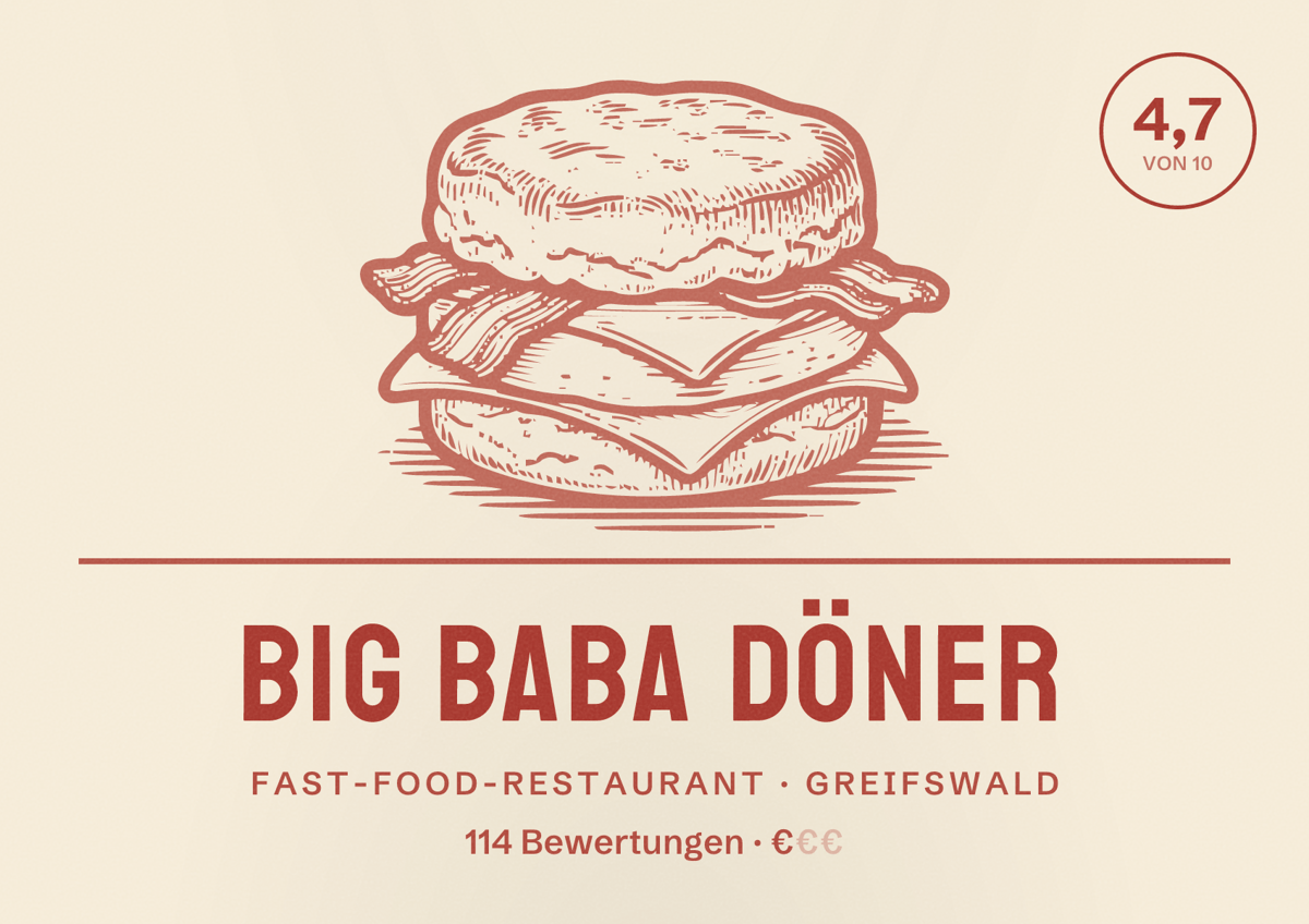 Illustriertes Poster von Big Baba Döner, Fast-Food-Restaurant in Greifswald: Bewertung 4,7 von 10 aus 114 Bewertungen, Preisniveau €