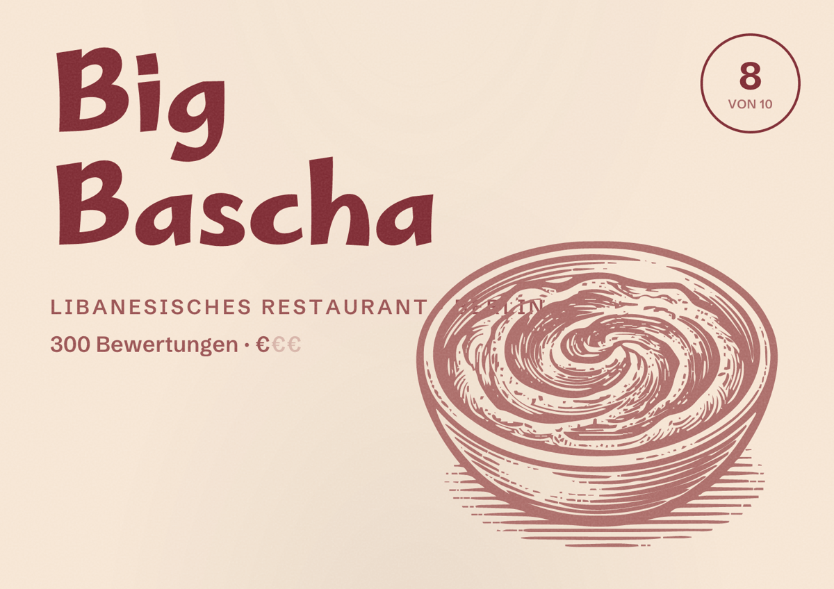 Illustriertes Poster von Big Bascha, Libanesisches Restaurant in Berlin: Bewertung 8,0 von 10 aus 300 Bewertungen, Preisniveau €