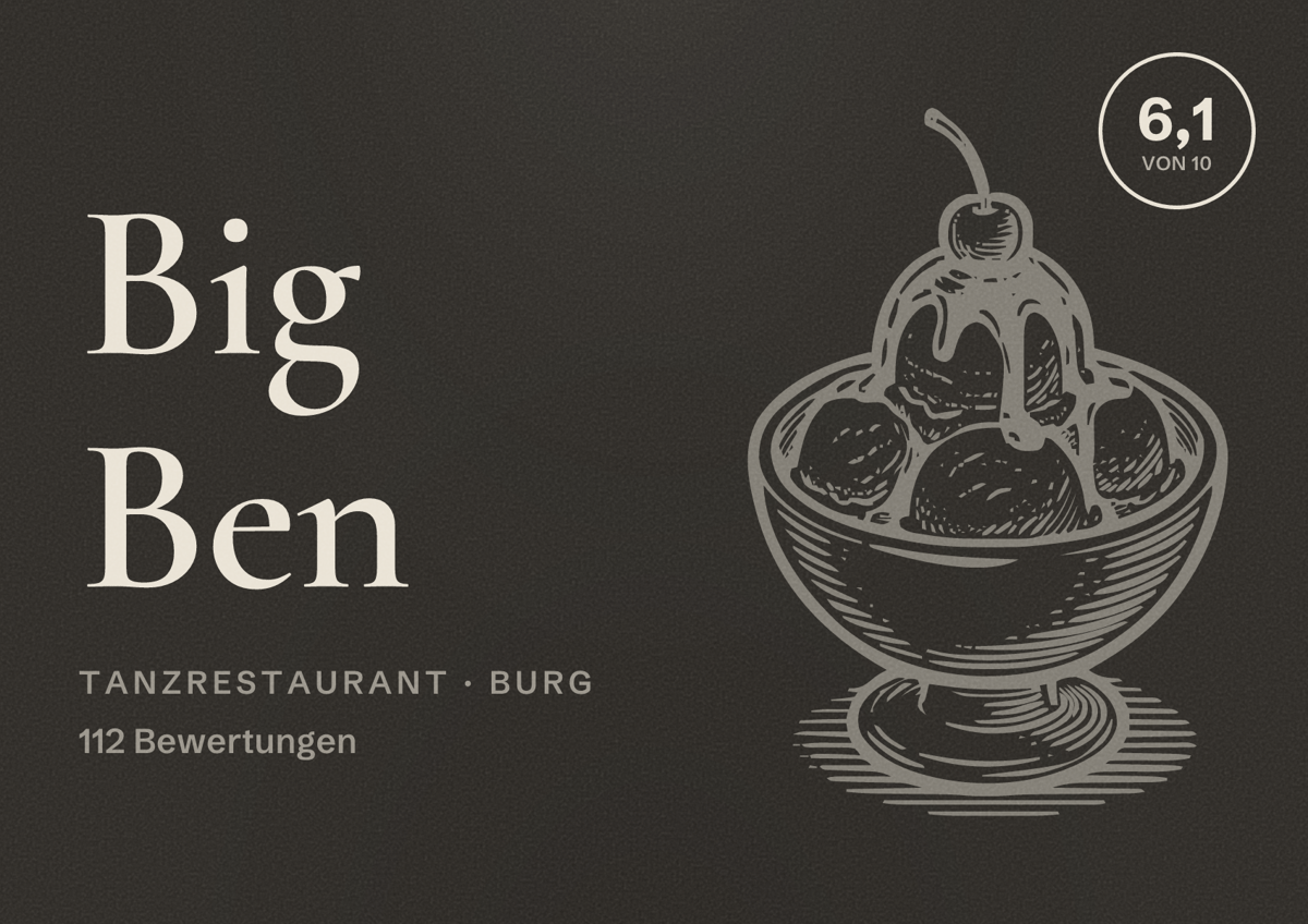 Illustriertes Poster von Big Ben, Tanzrestaurant in Burg: Bewertung 6,1 von 10 aus 112 Bewertungen