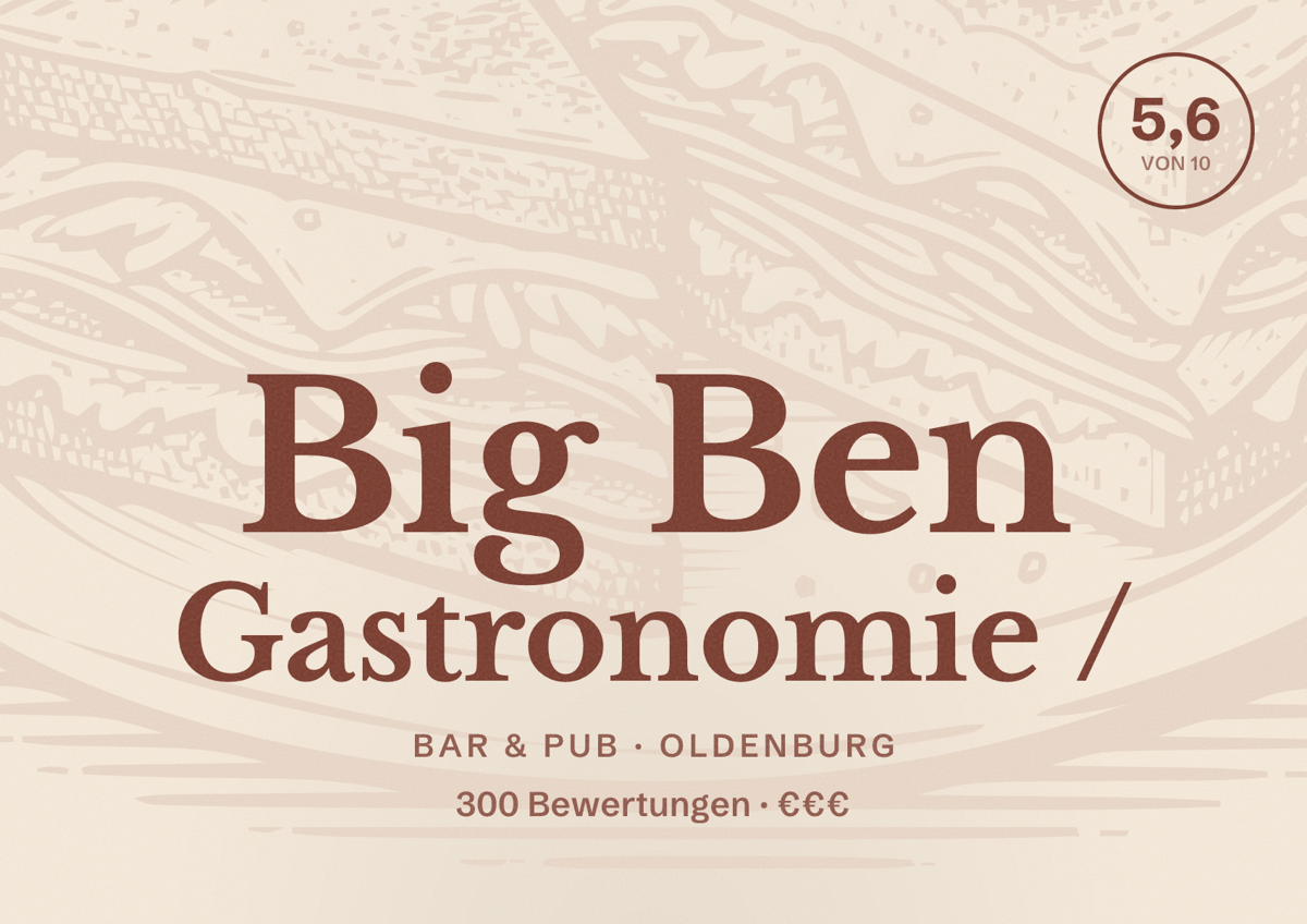 Illustriertes Poster von Big Ben Gastronomie /, Bar & Pub in Oldenburg: Bewertung 5,6 von 10 aus 300 Bewertungen, Preisniveau €€€