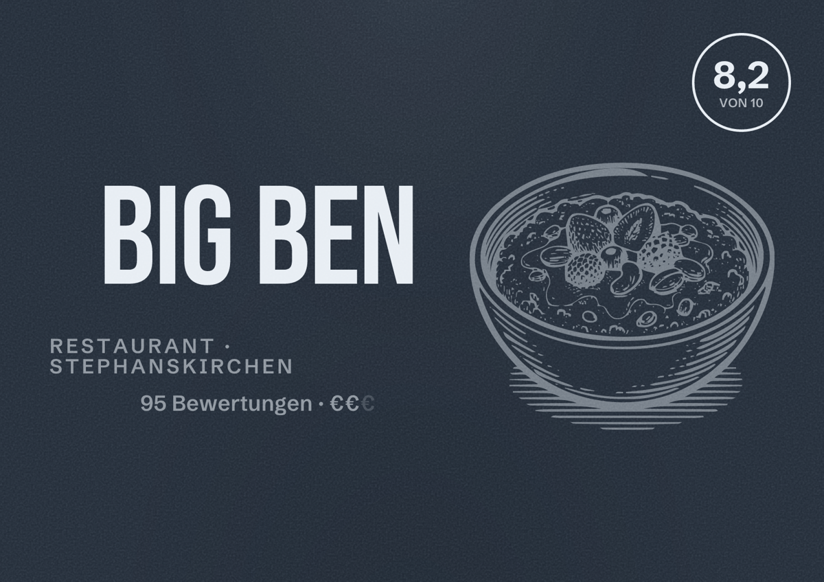 Illustriertes Poster von Big Ben, Restaurant in Stephanskirchen: Bewertung 8,2 von 10 aus 95 Bewertungen, Preisniveau €€