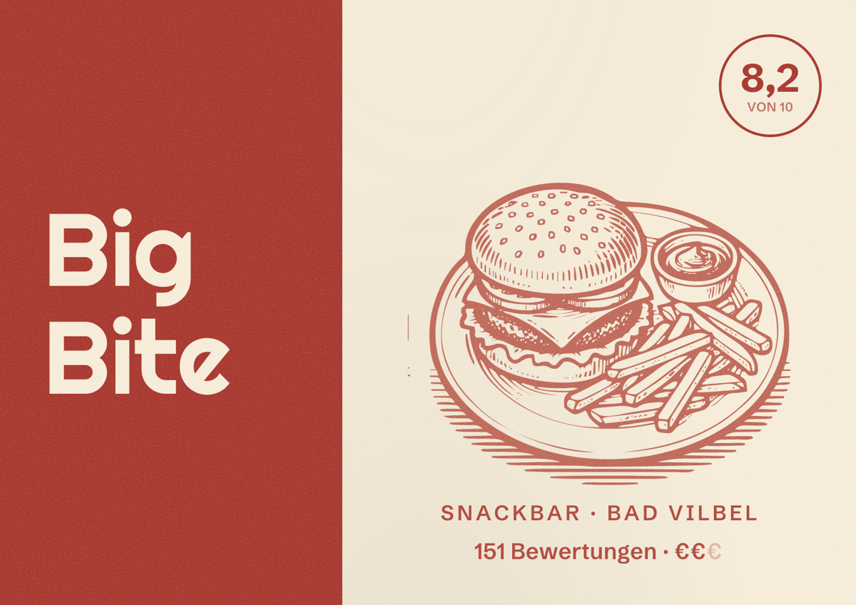 Illustriertes Poster von Big Bite, Snackbar in Bad Vilbel: Bewertung 8,2 von 10 aus 151 Bewertungen, Preisniveau €€