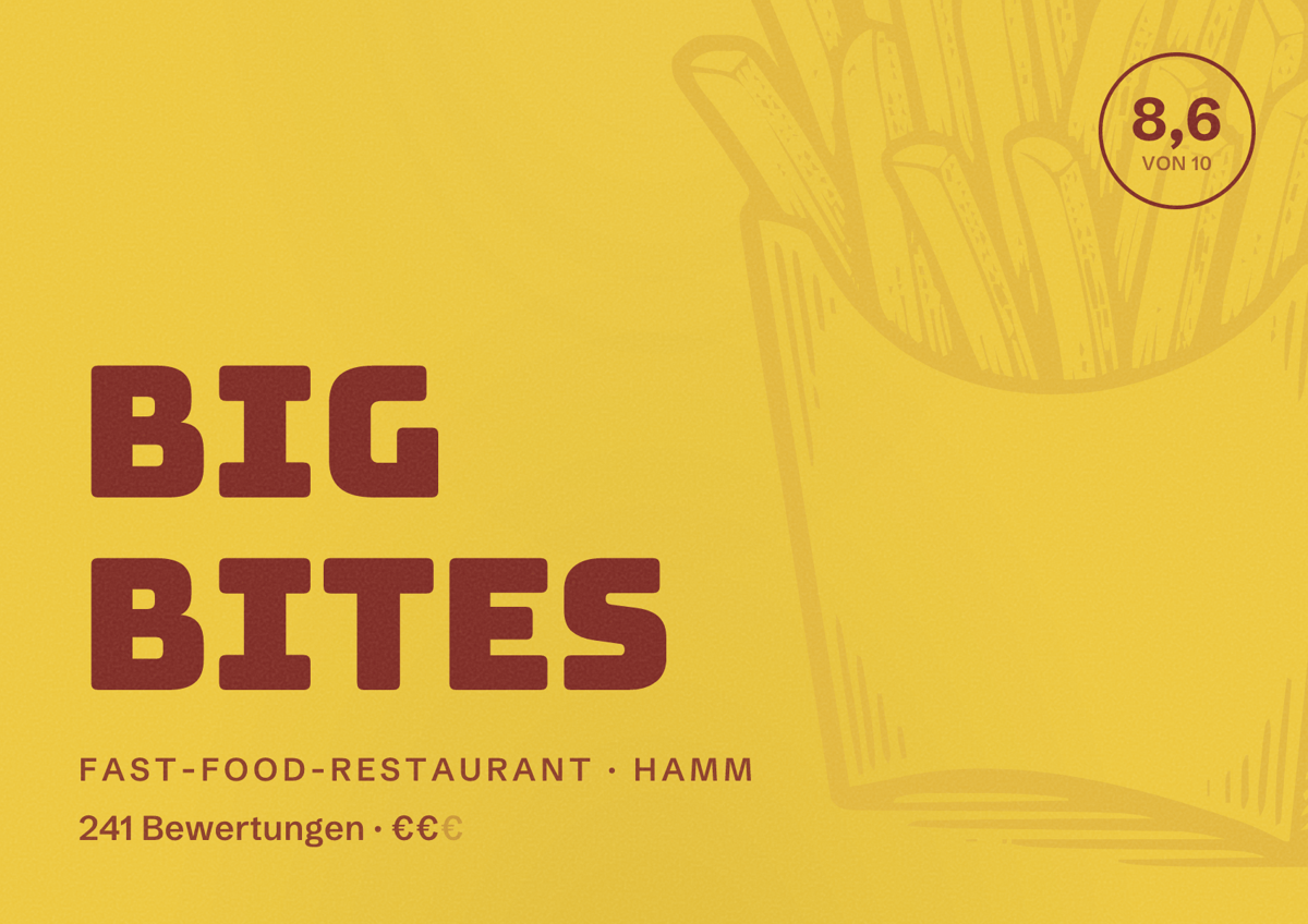 Illustriertes Poster von Big Bites, Fast-Food-Restaurant in Hamm: Bewertung 8,6 von 10 aus 241 Bewertungen, Preisniveau €€
