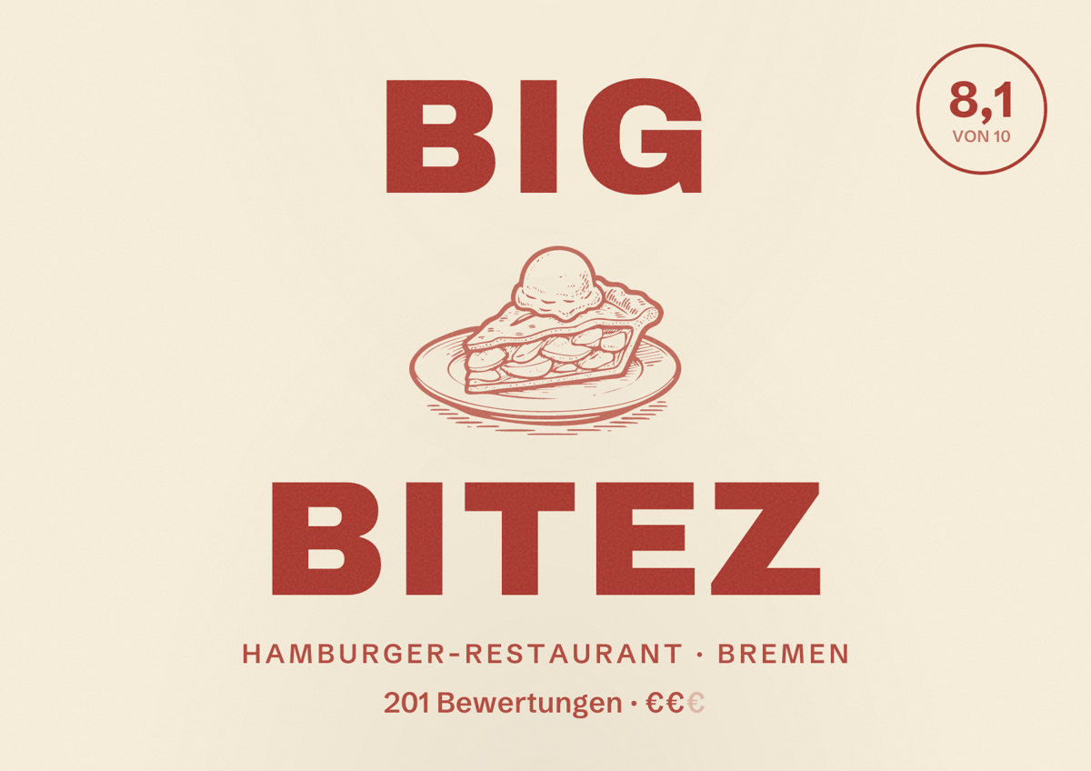 Illustriertes Poster von Big Bitez, Hamburger-Restaurant in Bremen: Bewertung 8,1 von 10 aus 201 Bewertungen, Preisniveau €€