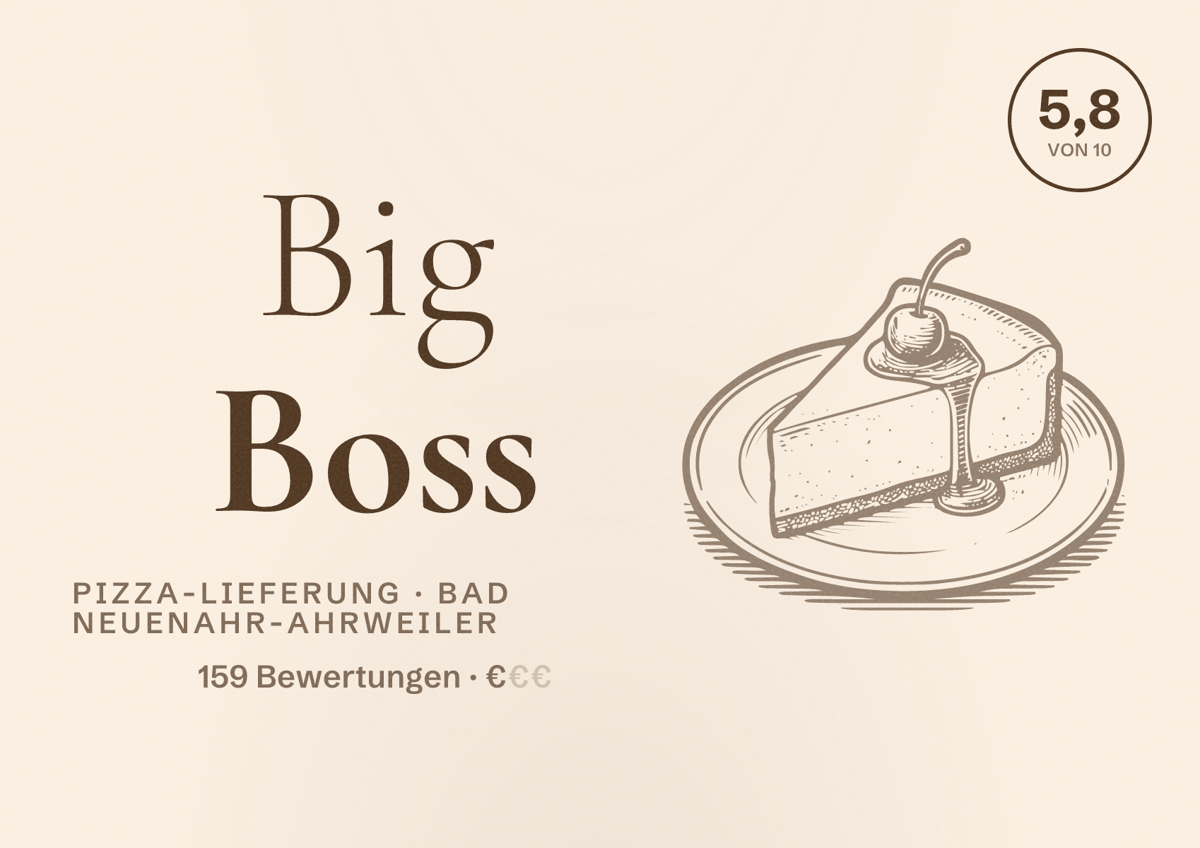 Illustriertes Poster von Big Boss, Pizza-Lieferung in Bad Neuenahr-Ahrweiler: Bewertung 5,8 von 10 aus 159 Bewertungen, Preisniveau €