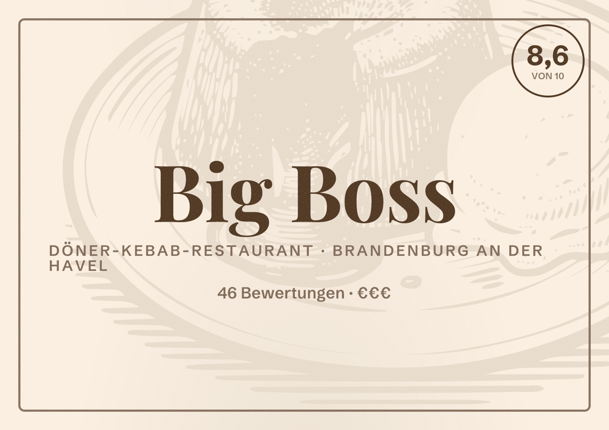 Illustriertes Poster von Big Boss, Döner-Kebab-Restaurant in Brandenburg an der Havel: Bewertung 8,6 von 10 aus 46 Bewertungen, Preisniveau €€€
