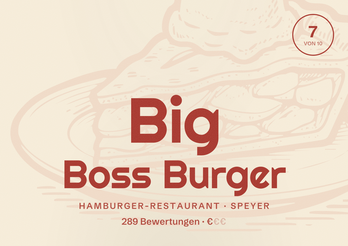 Illustriertes Poster von Big Boss Burger, Hamburger-Restaurant in Speyer: Bewertung 7 von 10 aus 289 Bewertungen, Preisniveau €