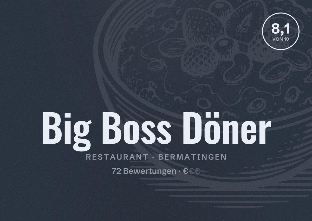 Illustriertes Poster von Big Boss Döner, Restaurant in Bermatingen: Bewertung 8,1 von 10 aus 72 Bewertungen, Preisniveau €