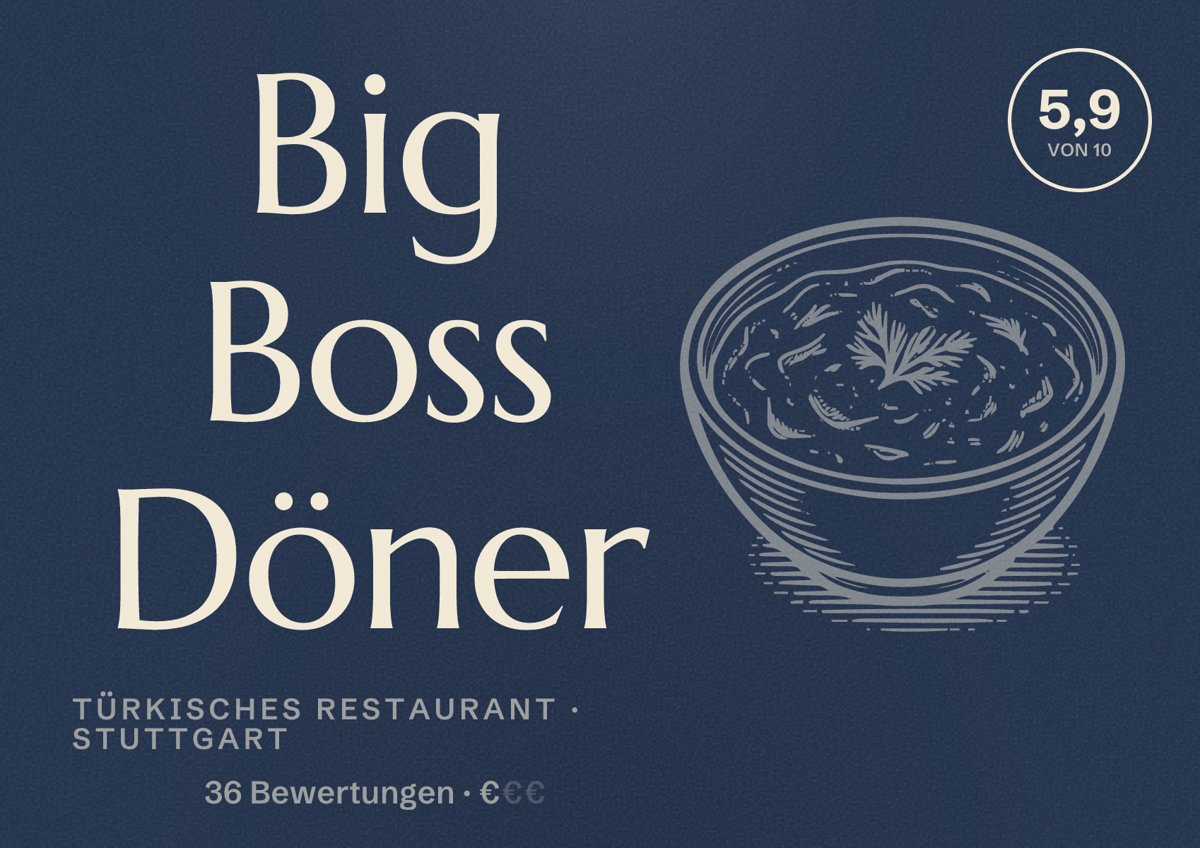 Illustriertes Poster von Big Boss Döner, Türkisches Restaurant in Stuttgart: Bewertung 5,9 von 10 aus 36 Bewertungen, Preisniveau €