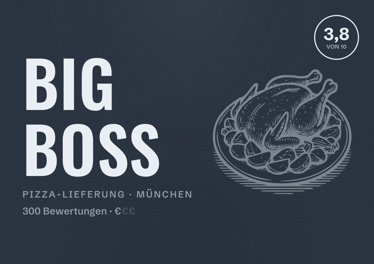 Illustriertes Poster von BIG BOSS, Pizza-Lieferung in München: Bewertung 3,8 von 10 aus 300 Bewertungen, Preisniveau €