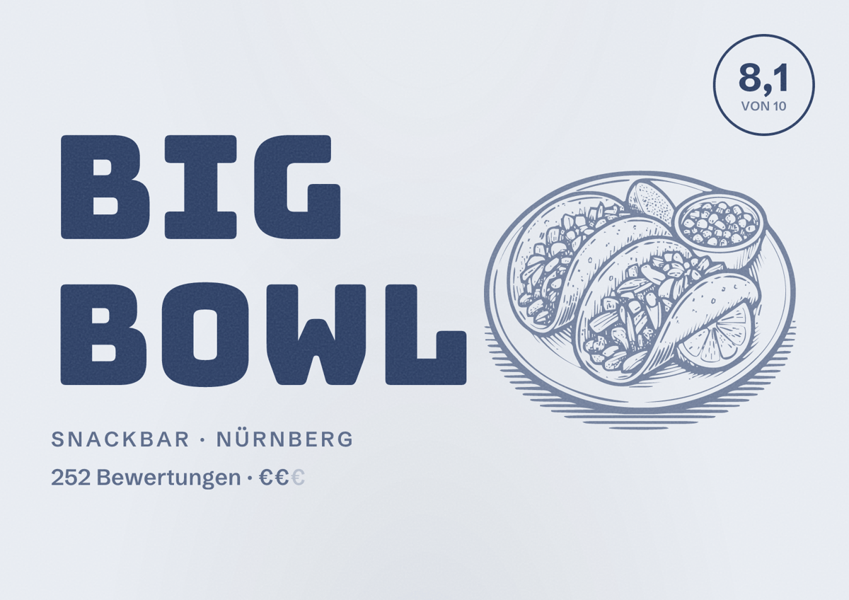 Illustriertes Poster von Big Bowl, Snackbar in Nürnberg: Bewertung 8,1 von 10 aus 252 Bewertungen, Preisniveau €€