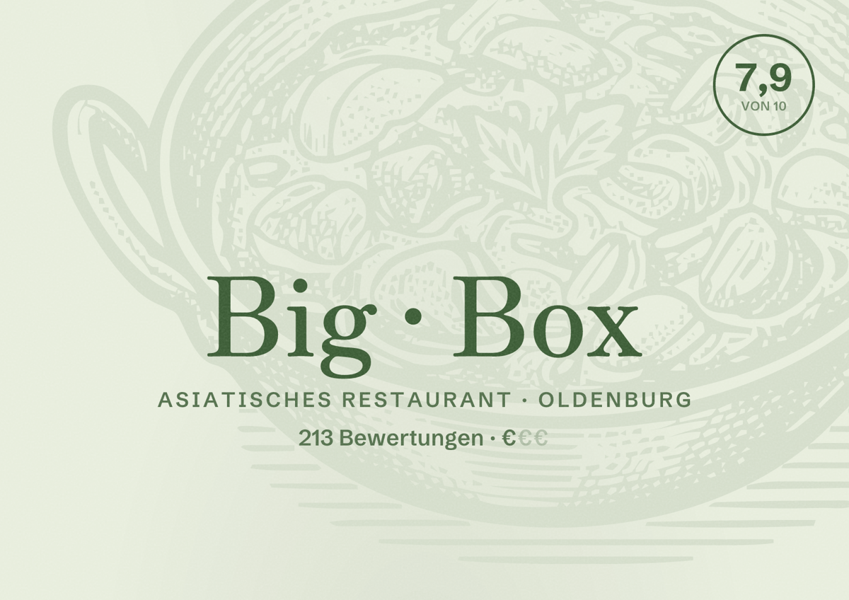 Illustriertes Poster von Big Box, Asiatisches Restaurant in Oldenburg: Bewertung 7,9 von 10 aus 213 Bewertungen, Preisniveau €