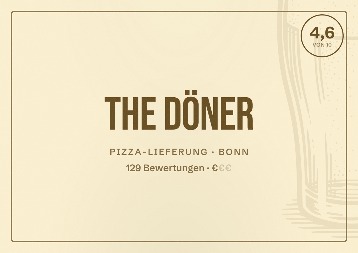 Illustriertes Poster von The Döner, Pizza-Lieferung in Bonn: Bewertung 4,6 von 10 aus 129 Bewertungen, Preisniveau €