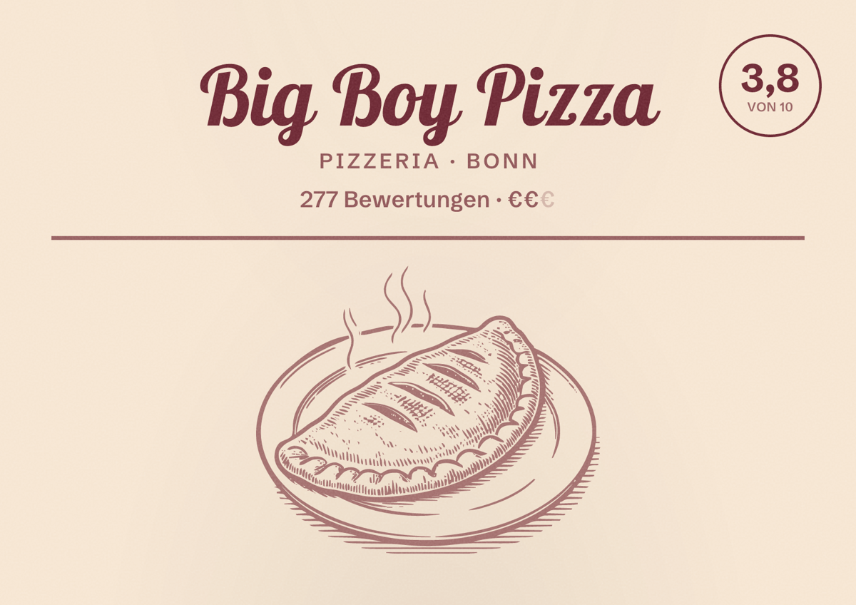 Illustriertes Poster von Big Boy Pizza, Pizzeria in Bonn: Bewertung 3,8 von 10 aus 277 Bewertungen, Preisniveau €€