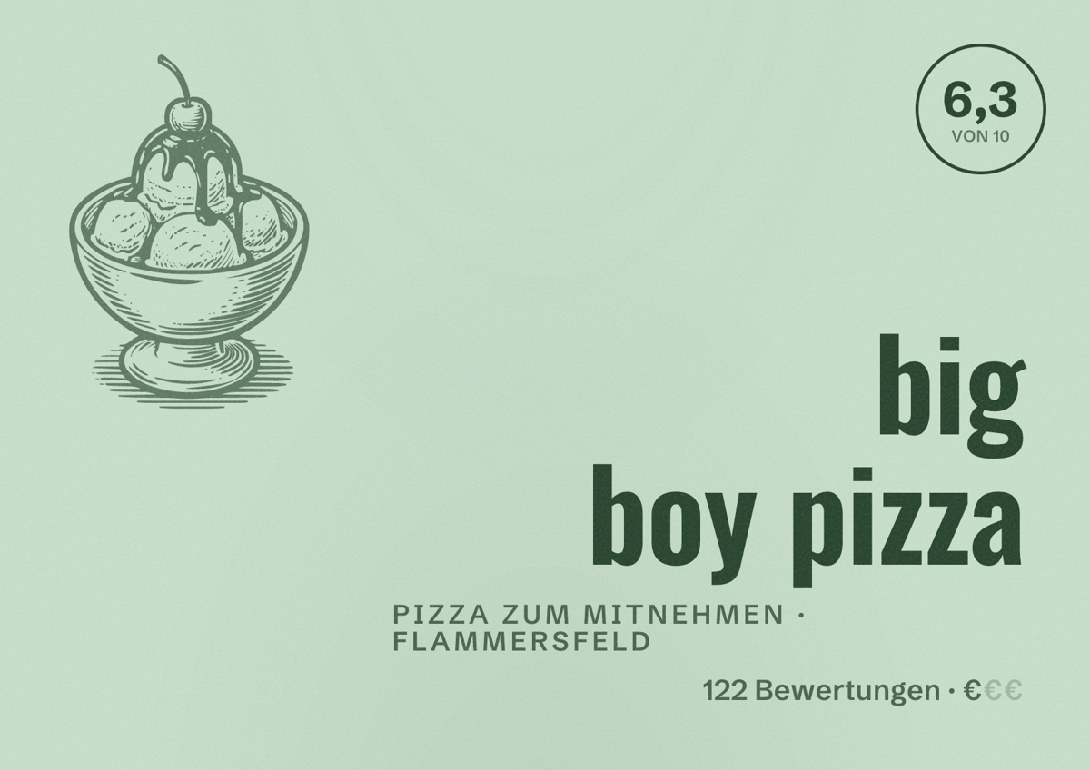 Illustriertes Poster von big boy pizza, Pizza zum Mitnehmen in Flammersfeld: Bewertung 6,3 von 10 aus 122 Bewertungen, Preisniveau €