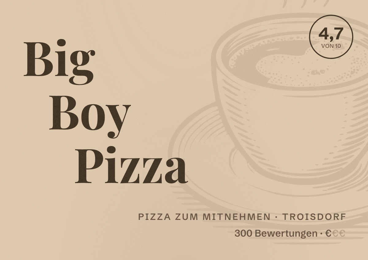 Illustriertes Poster von Big Boy Pizza, Pizza zum Mitnehmen in Troisdorf: Bewertung 4,7 von 10 aus 300 Bewertungen, Preisniveau €