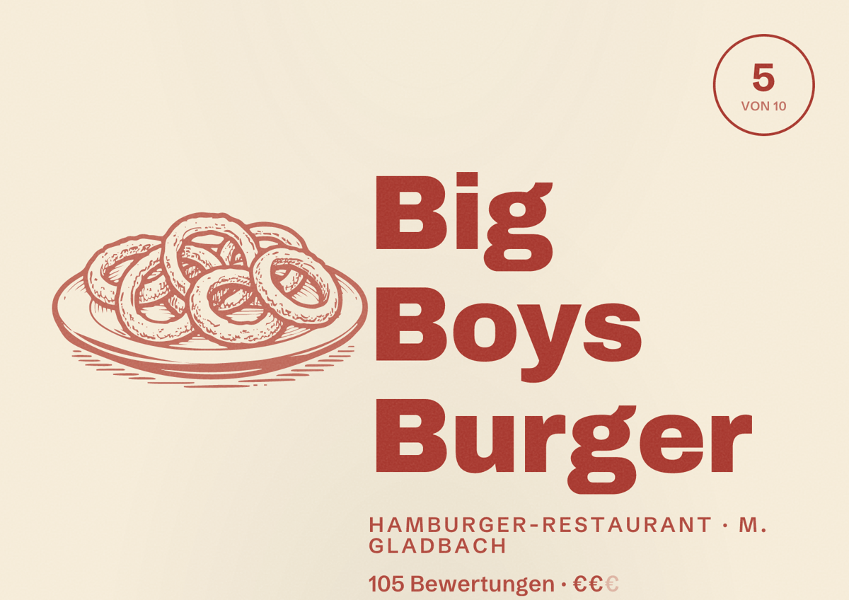 Illustriertes Poster von Big Boys Burger, Hamburger-Restaurant in M. Gladbach: Bewertung 5 von 10 aus 105 Bewertungen, Preisniveau €€