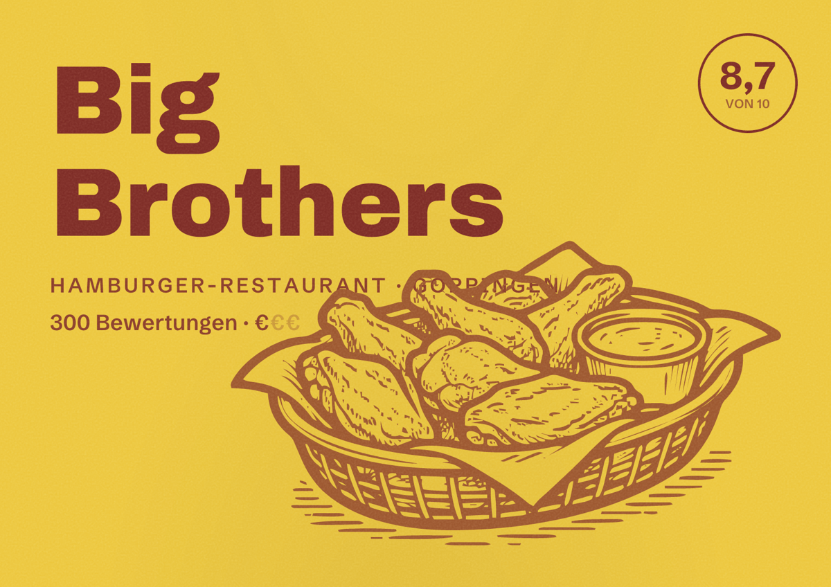 Illustriertes Poster von Big Brothers, Hamburger-Restaurant in Göppingen: Bewertung 8,7 von 10 aus 300 Bewertungen, Preisniveau €