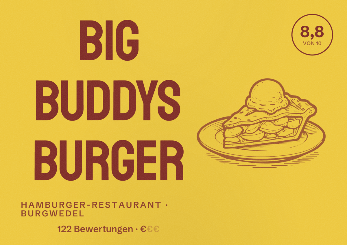 Illustriertes Poster von Big Buddys Burger, Hamburger-Restaurant in Burgwedel: Bewertung 8,8 von 10 aus 122 Bewertungen, Preisniveau €