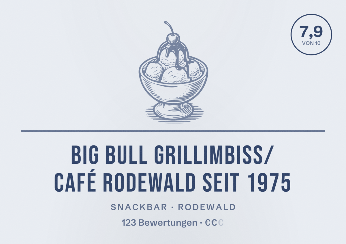 Illustriertes Poster von BIG BULL Grillimbiss/ Café Rodewald seit 1975, Snackbar in Rodewald: Bewertung 7,9 von 10 aus 123 Bewertungen, Preisniveau €€