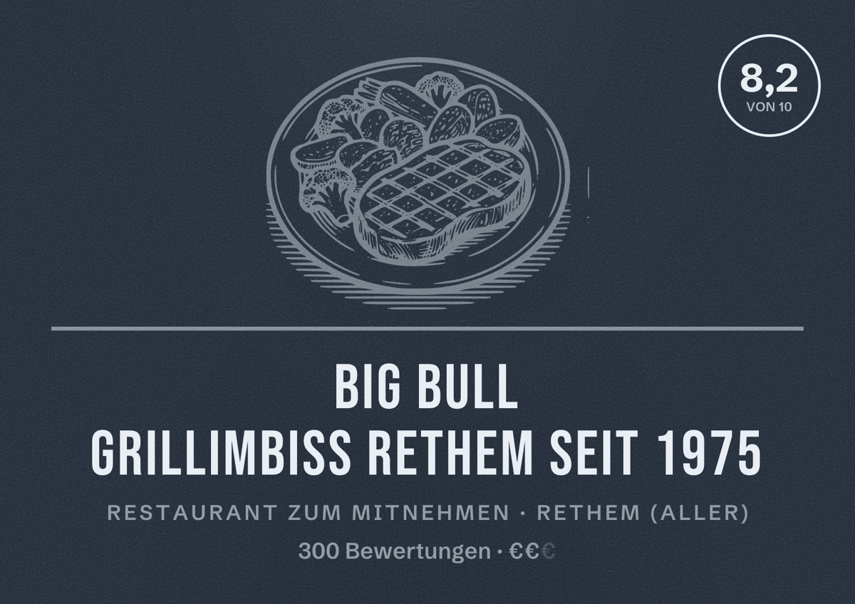 Illustriertes Poster von BIG BULL Grillimbiss Rethem seit 1975, Restaurant zum Mitnehmen in Rethem (Aller): Bewertung 8,2 von 10 aus 300 Bewertungen, Preisniveau €€